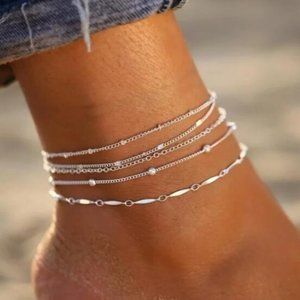 Silver 5pc Simple Chain Anklet